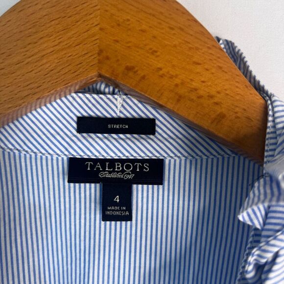 Talbots Blue White Pin Striped 3/4 Sleeve Ruffled Neckline Button Up Size 4 - Picture 8 of 10